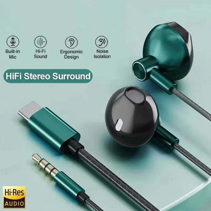 Type C Wired Earphones With Mic - Tipo c 3.5mm alta fidelidade estéreo